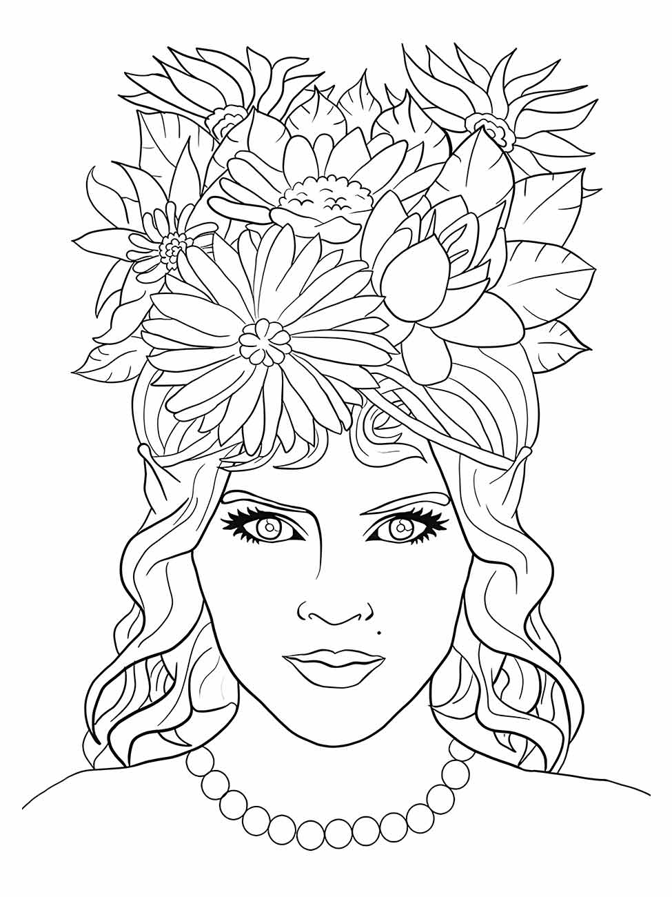 Desenho para desenhar de uma mulher com uma coroa exuberante de flores e um colar de pérolas.