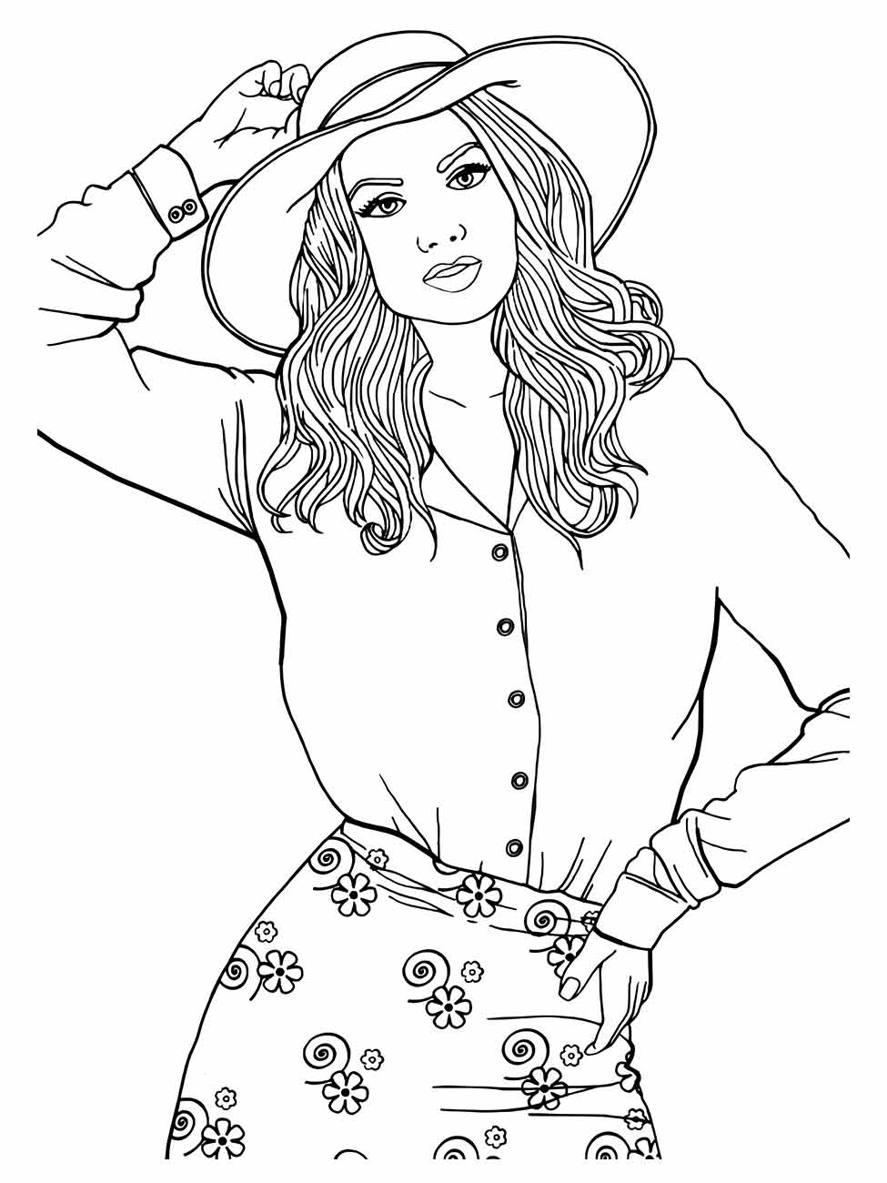 Desenho para desenhar de uma mulher segurando o chapéu de aba larga, com uma blusa de botões e saia floral.