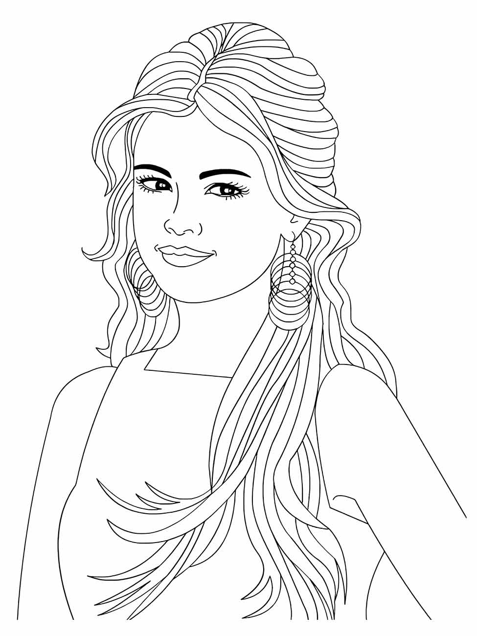 Desenho para desenhar de uma mulher com cabelo ondulado longo, brinco de franja e um sorriso confiante.