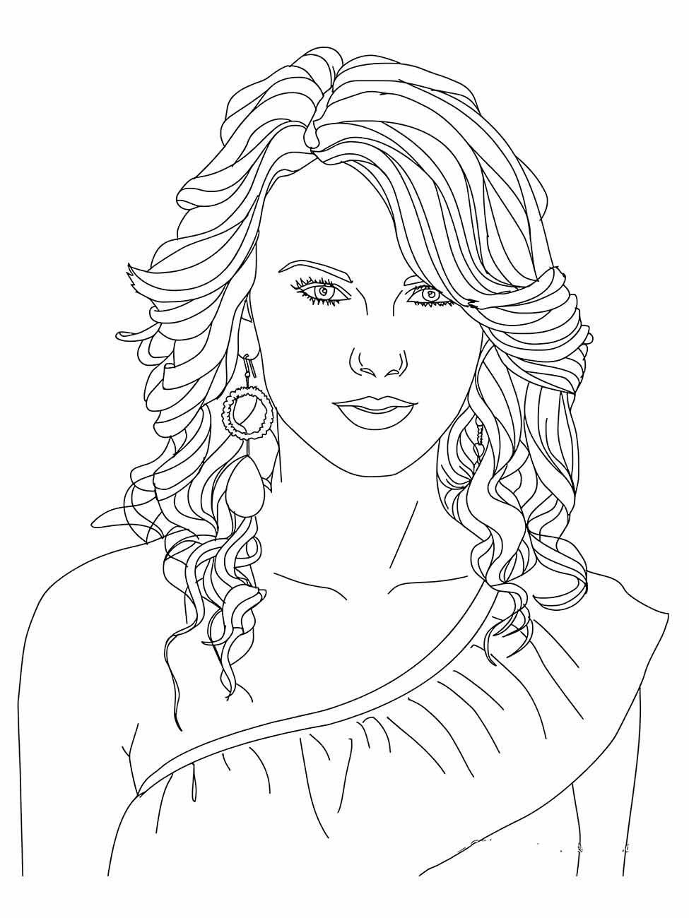 Desenho para desenhar de uma mulher com cabelo ondulado e brinco de pena, vestindo uma blusa com decote ombro a ombro.