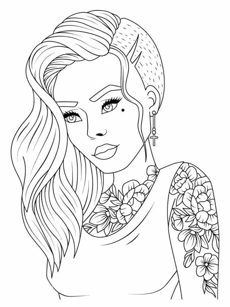 Desenho para desenhar de uma mulher com cabelo parcialmente raspado e tatuagem de flores no ombro, usando brinco de cruz.