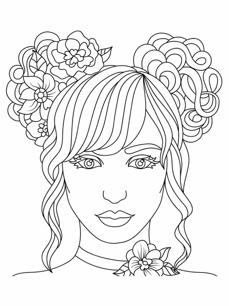 Desenho para desenhar de uma mulher com cabelo liso e tiara de flores, olhando para frente com expressão serena.