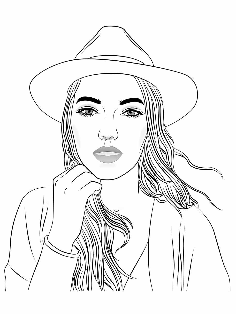 Desenho para desenhar de uma mulher usando um chapéu de aba larga e com mão no queixo.