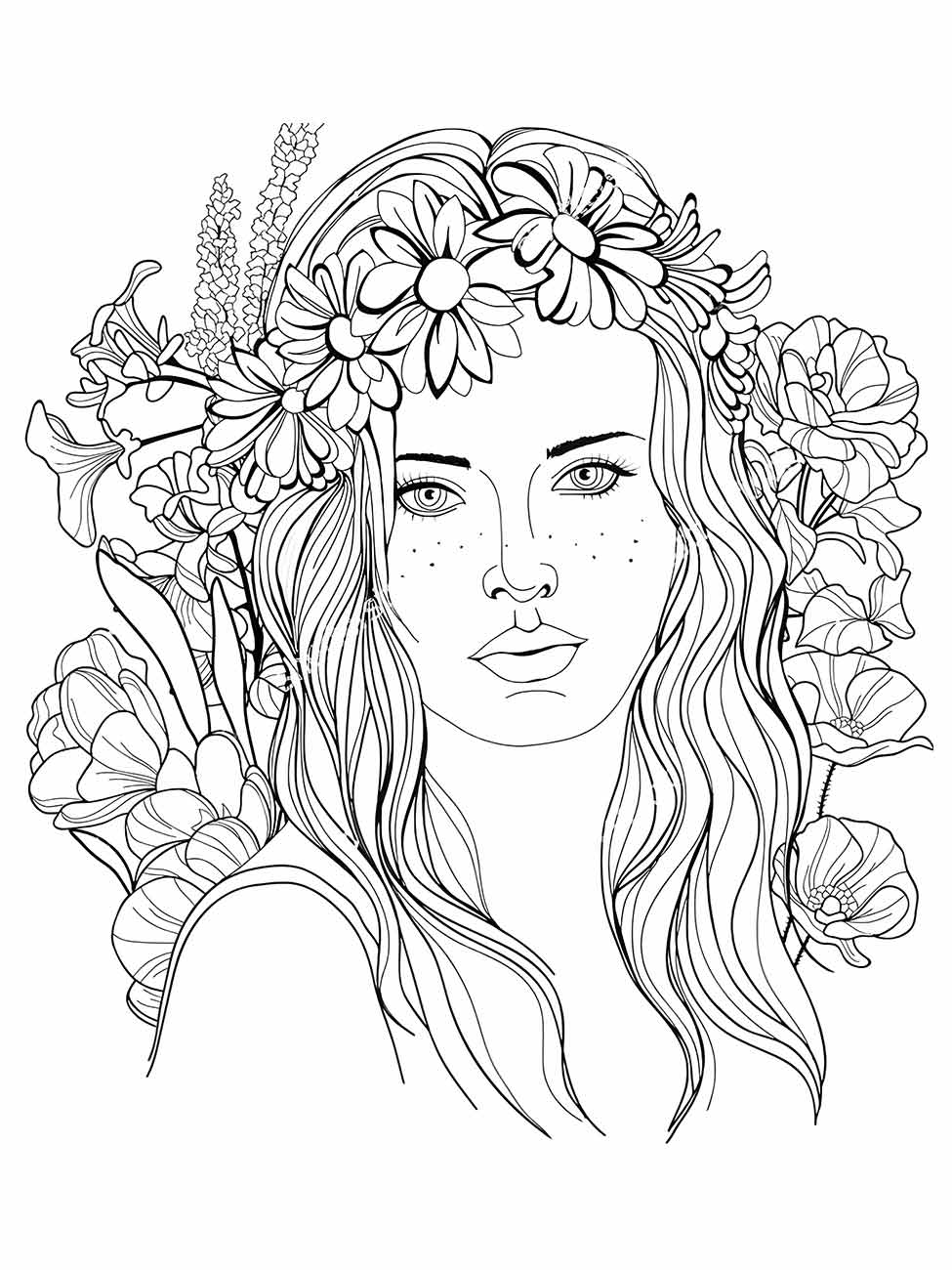 Desenho para desenhar de uma mulher com coroa de flores e cabelos ondulados, com expressão tranquila.