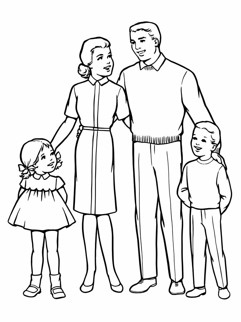 Desenho para desenhar de uma família clássica com dois pais, uma filha e um filho, em roupas dos anos 50.