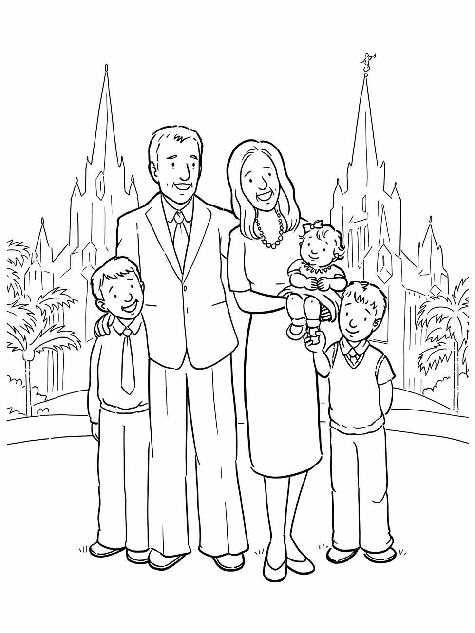 Desenho para desenhar de uma família com dois pais, dois filhos e uma filha pequena, diante de uma igreja.