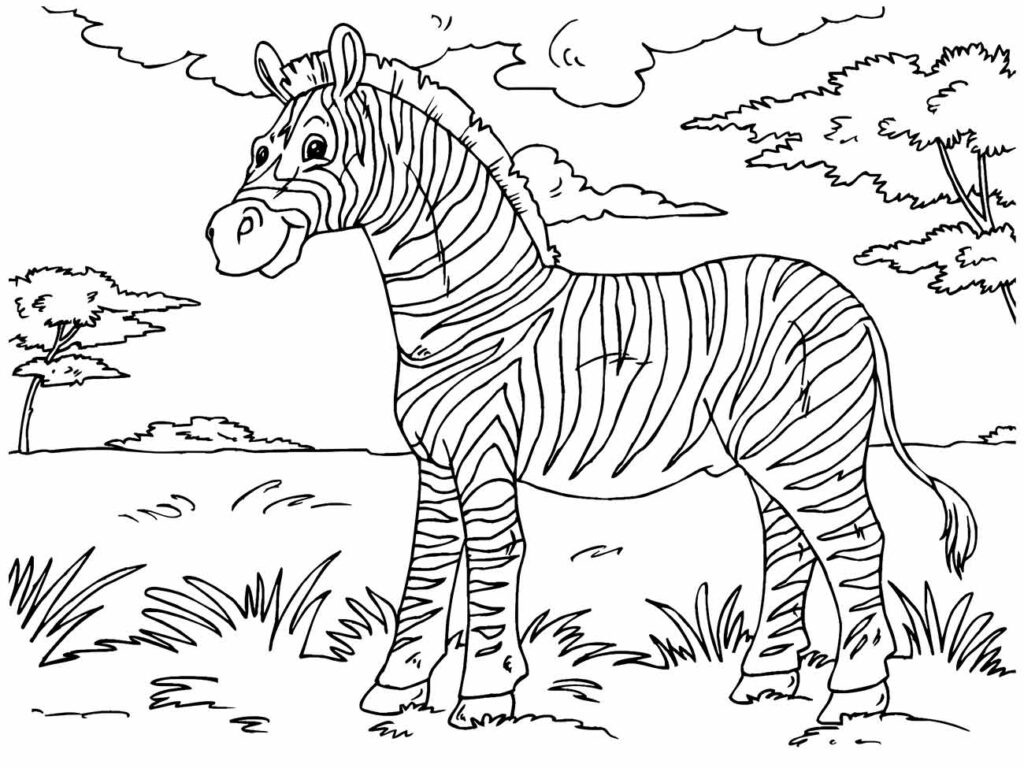 Imagem para desenhar de uma zebra em pé em um cenário de savana com árvores e nuvens.