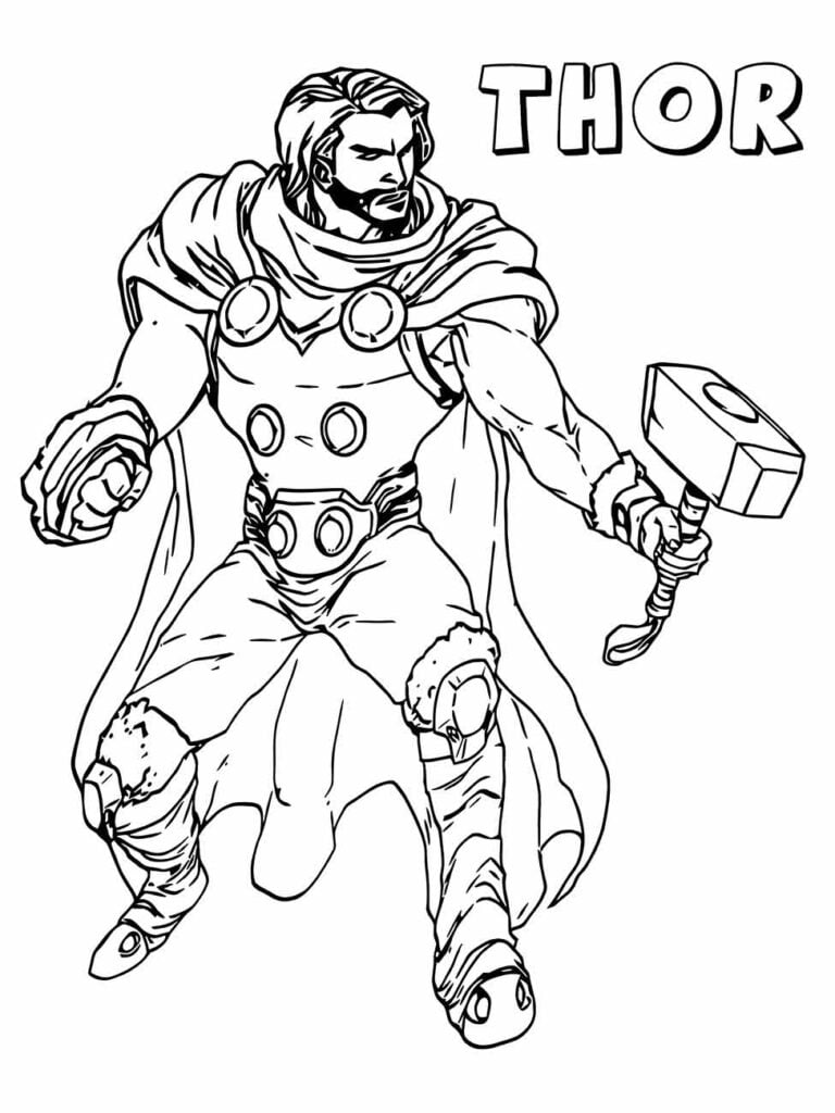 Desenho para colorir do Thor segurando seu martelo.