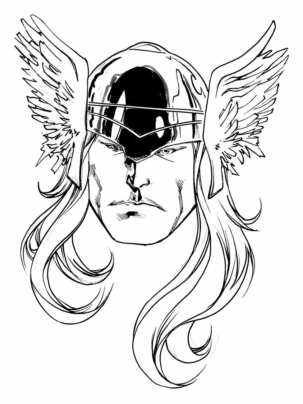 Desenho para colorir do rosto do Thor com capacete asgardiano.