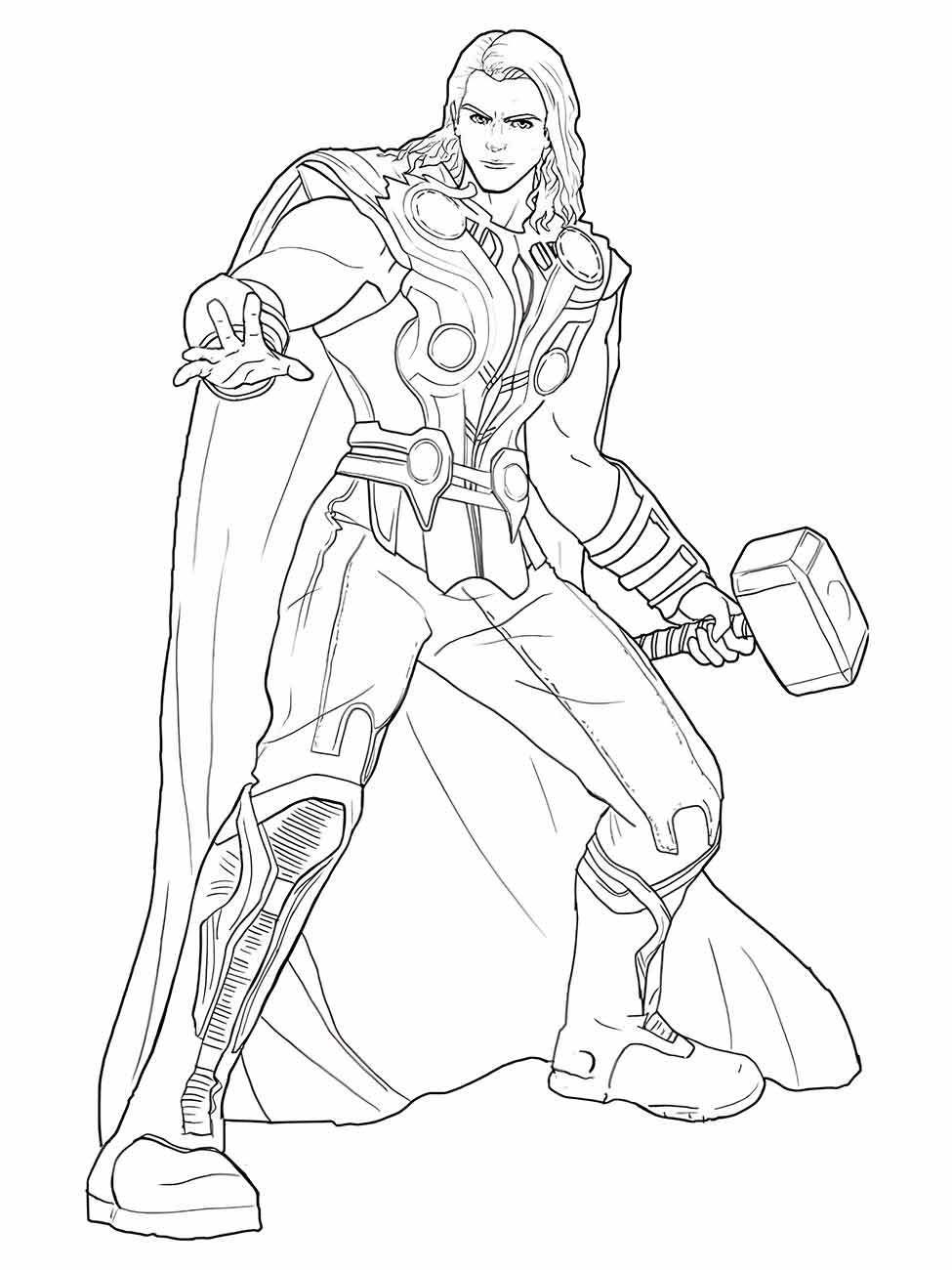 Desenho para colorir do Thor em uma pose heroica com seu martelo.