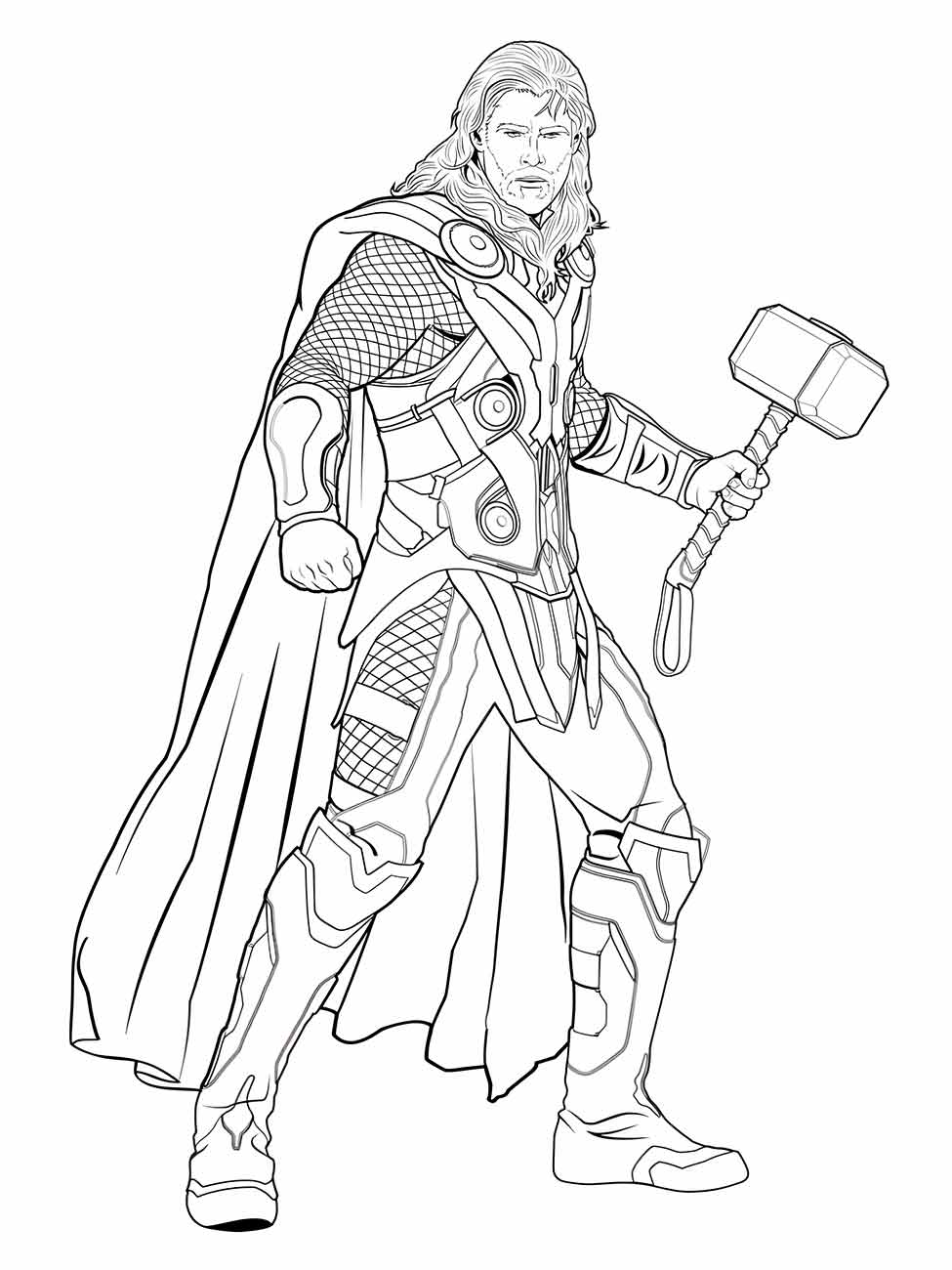 Desenho para colorir do Thor caminhando com seu martelo pronto para a batalha.