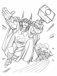 Desenho para colorir do Thor voando com seu martelo acima de uma cidade.