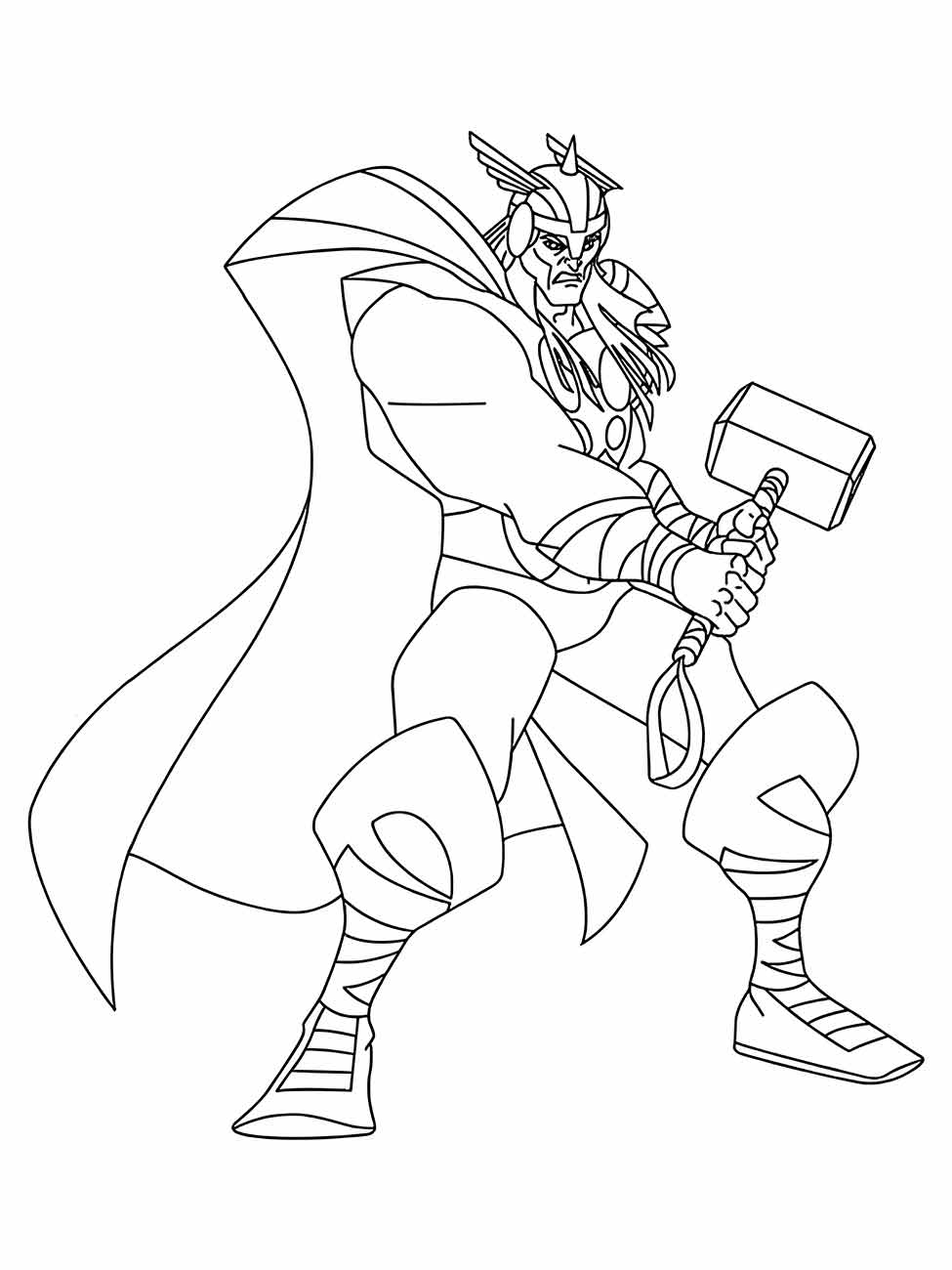 Desenho para colorir do Thor em pose de combate, segurando seu martelo.