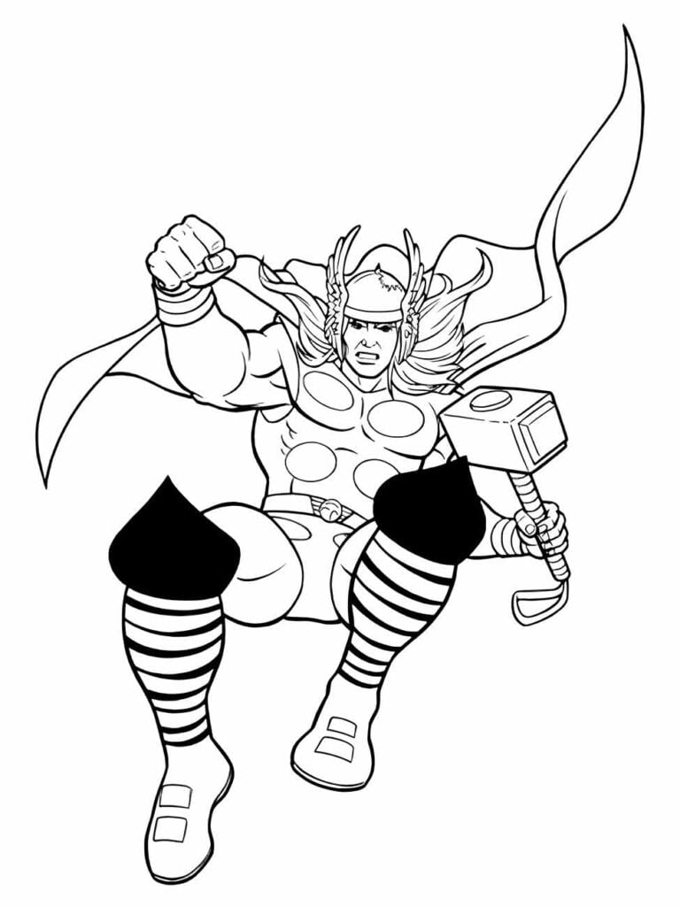 Desenho para colorir do Thor em ação, com detalhes de movimento e seu martelo.