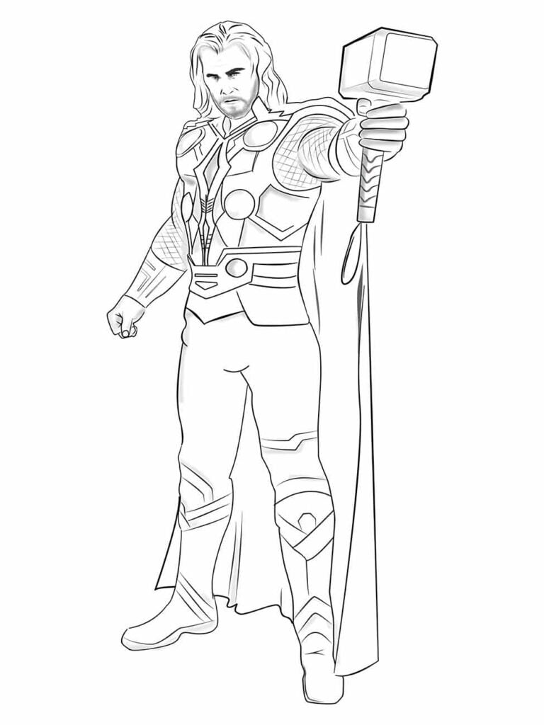 Desenho para colorir do Thor parado, segurando seu martelo com postura heroica.