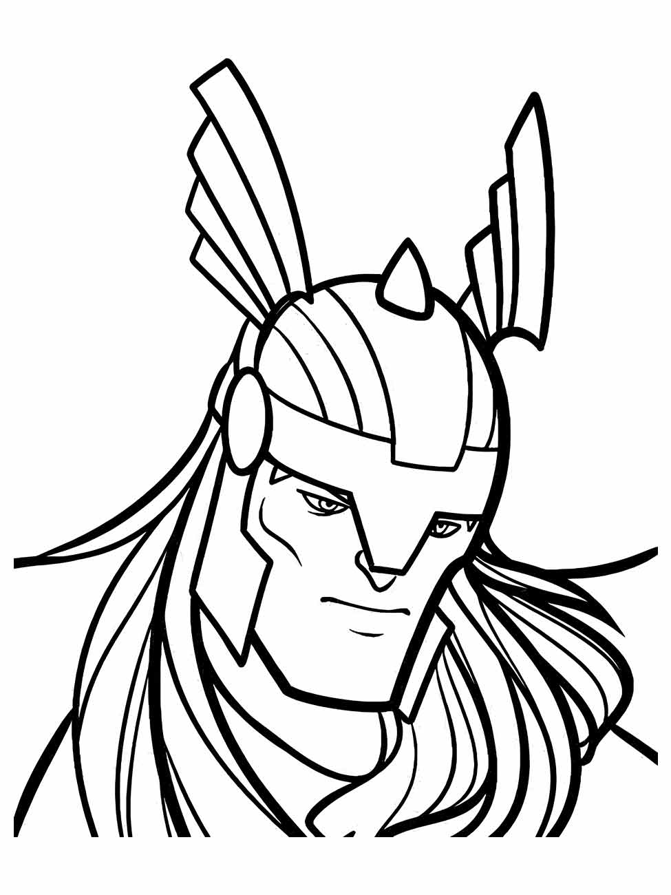 Desenho para colorir da cabeça do Thor com capacete detalhado.