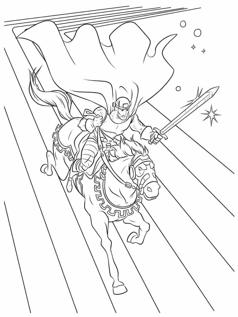 Desenho para colorir do Thor montado em um cavalo, carregando uma lança.