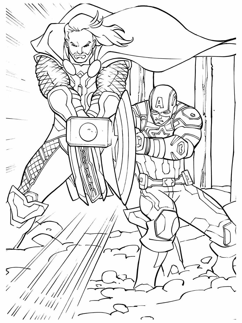 Desenho para colorir do Thor e Capitão América em ação.