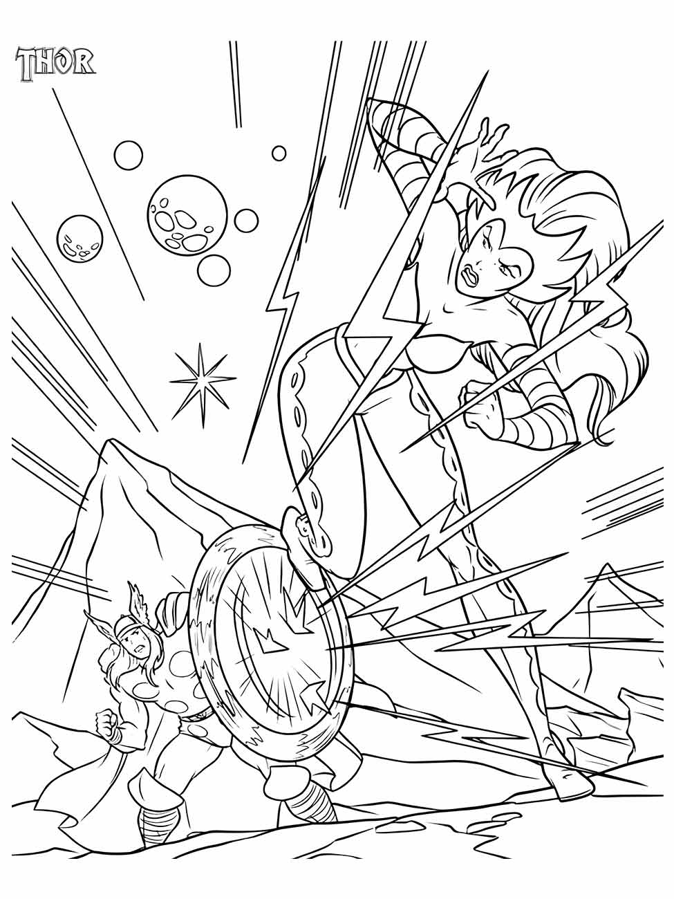 Desenho para colorir do Thor e Sif em batalha, com Sif desviando de ataques.