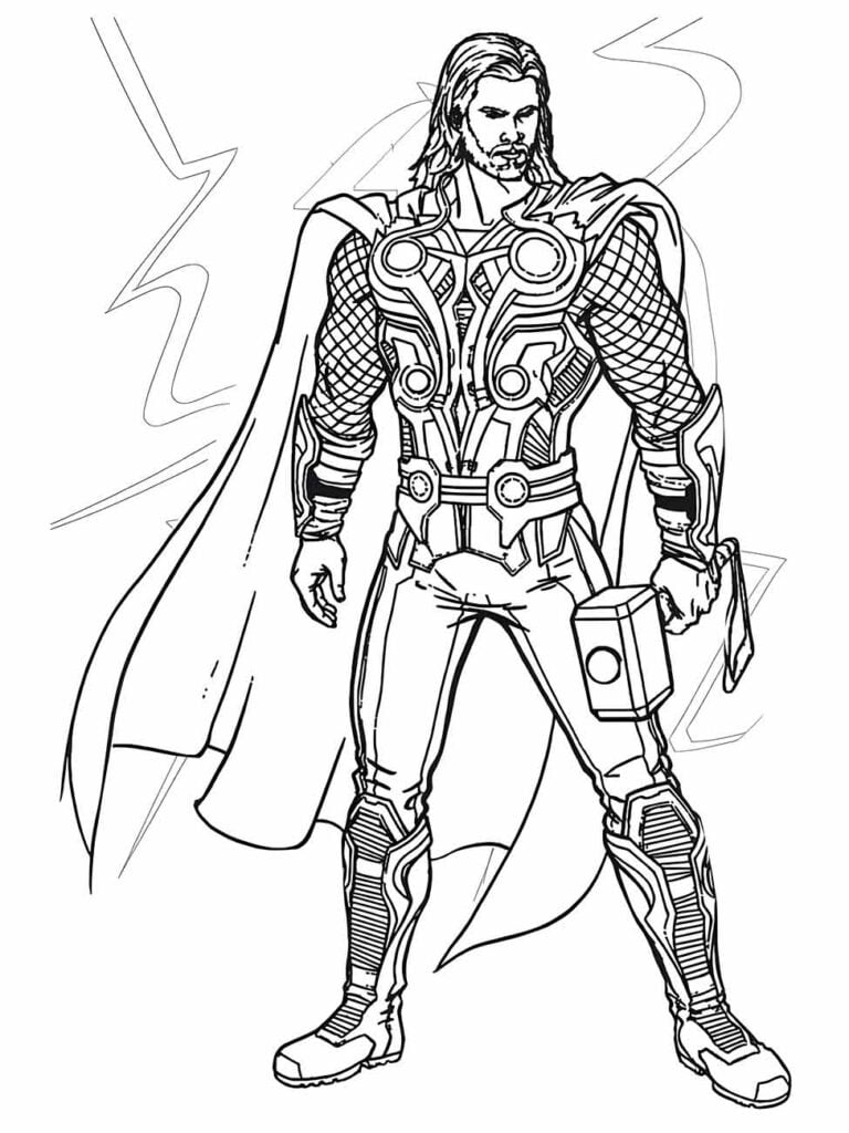 Desenho para colorir do Thor com expressão séria, cercado por raios.