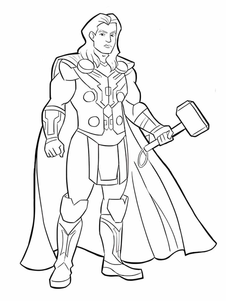 Desenho para colorir do Thor segurando seu martelo, com uma postura calma.