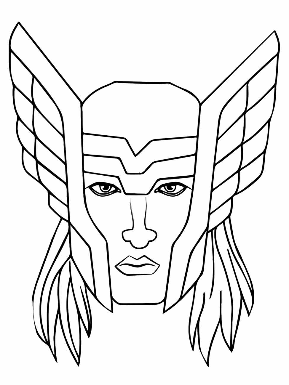 Desenho para colorir do rosto do Thor com detalhes do capacete com asas.