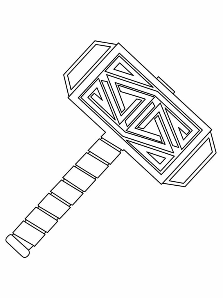 Desenho para colorir do martelo de Thor, Mjolnir, com detalhes ornamentados.