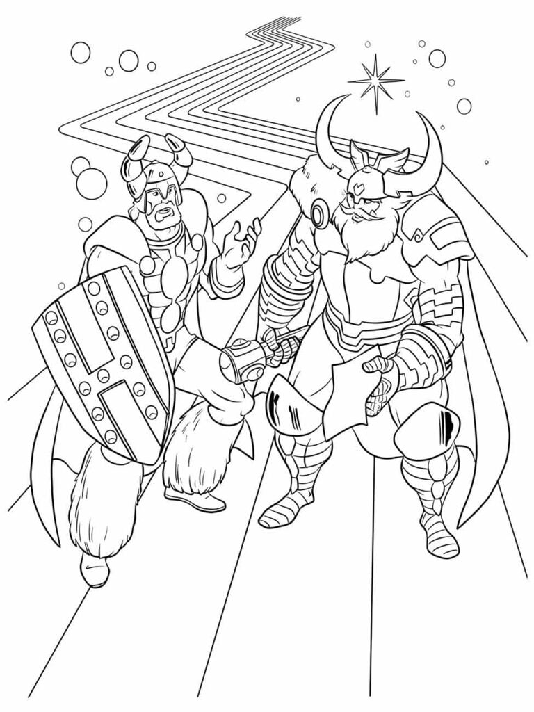 Desenho para colorir de heróis asgardianos, incluindo Thor e Heimdall, em uma plataforma espacial.