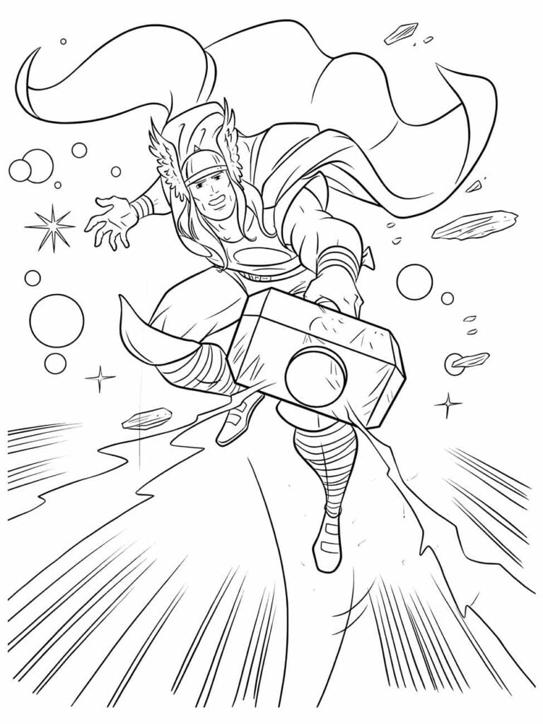 Desenho para colorir do Thor voando pelo espaço com seu martelo.