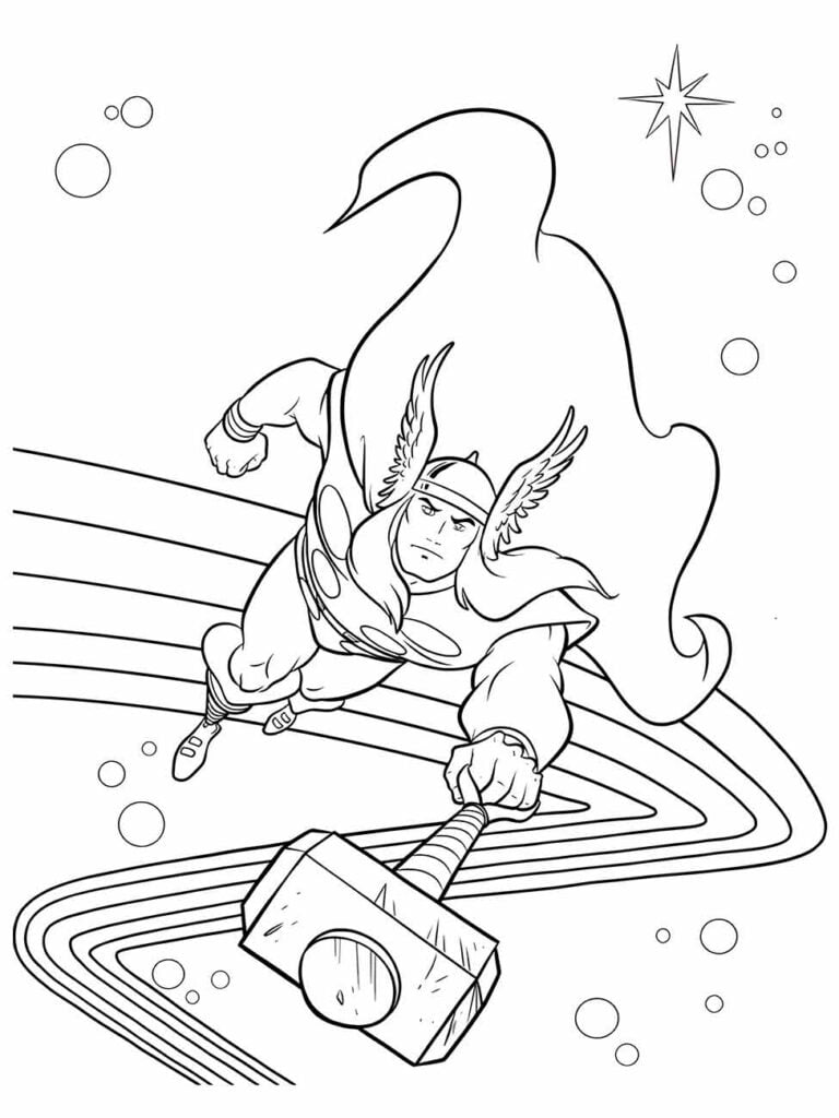 Desenho para colorir do Thor voando pelo espaço, segurando seu martelo com rastro de movimento.