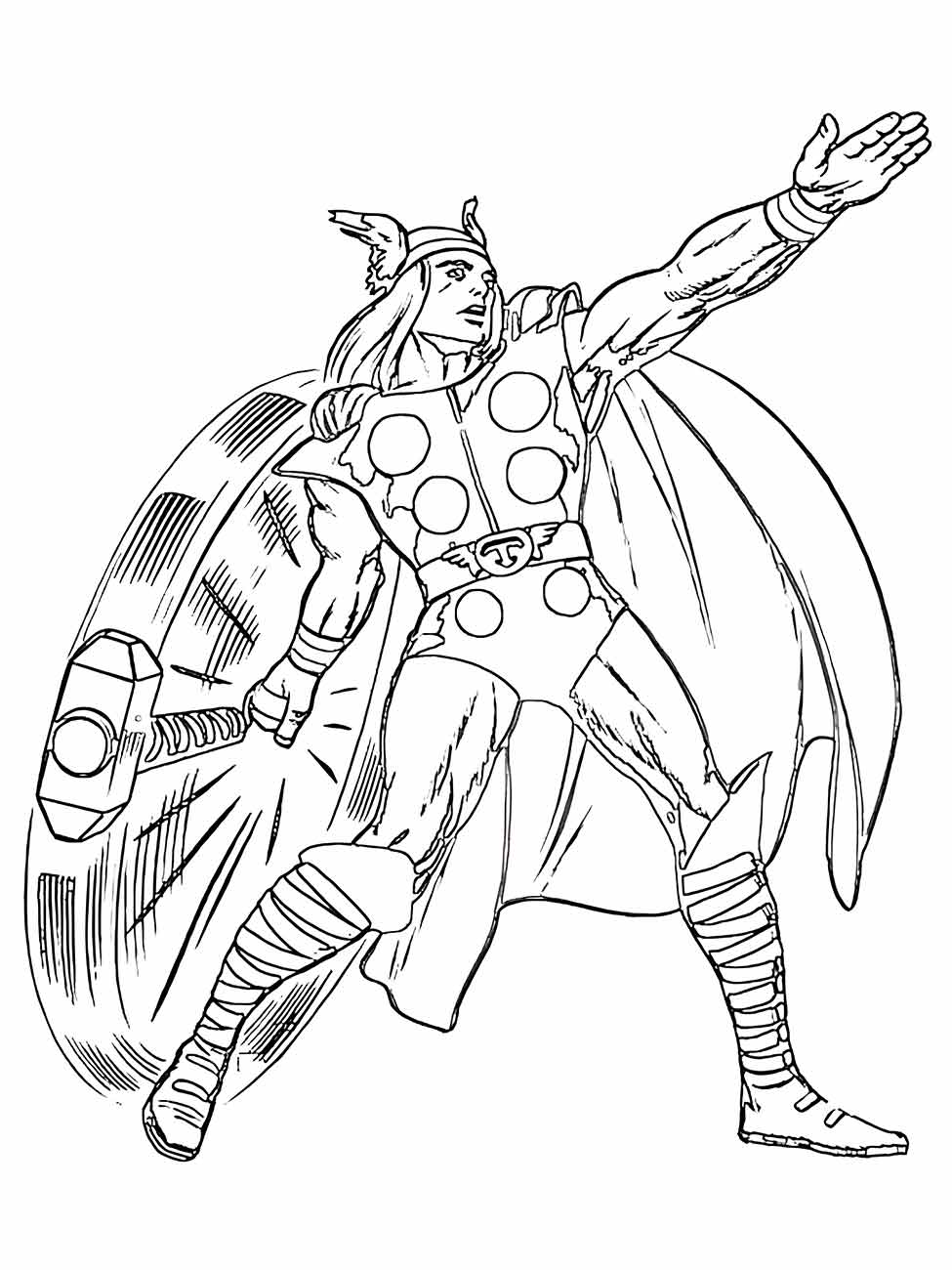 Desenho para colorir do Thor levantando o braço com seu martelo.