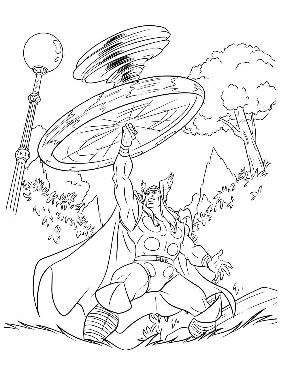 Desenho para colorir do Thor levantando seu escudo para invocar tempestades, com detalhes de floresta ao fundo.