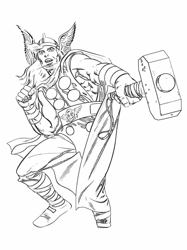 Desenho para colorir do Thor em pose de batalha, com expressão determinada e martelo em punho.