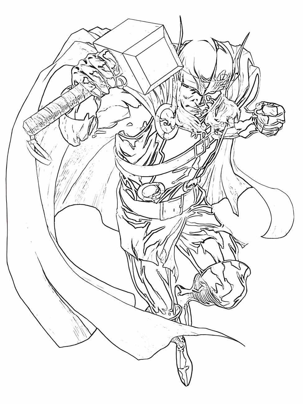 Desenho para colorir do Thor em movimento, com seu manto esvoaçante e martelo pronto para ataque.