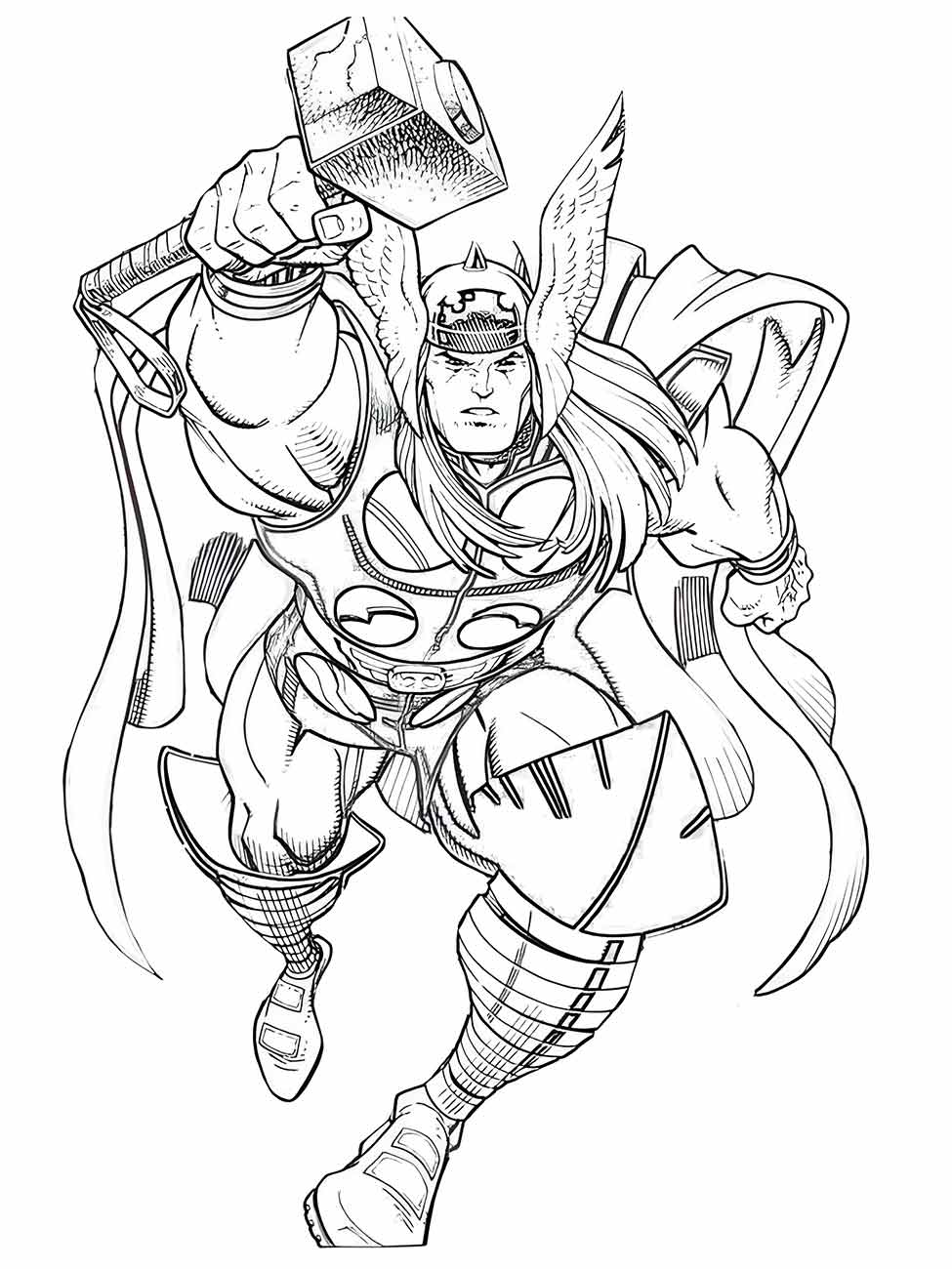 Desenho para colorir do Thor em movimento, atacando com o martelo.