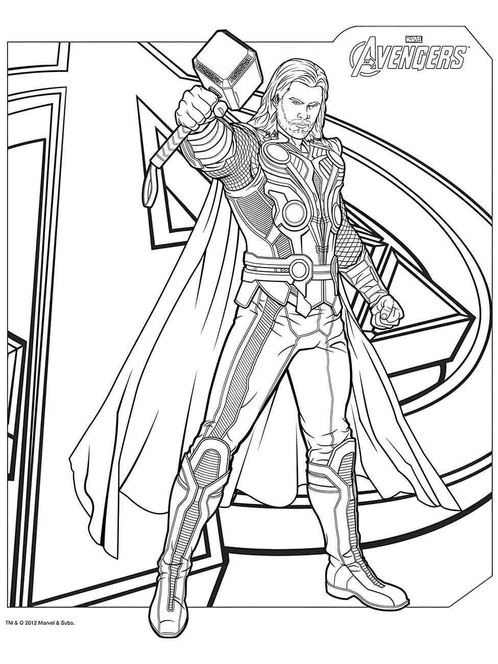 Desenho para colorir do Thor em uma postura heroica, com o título "Avengers" ao fundo.