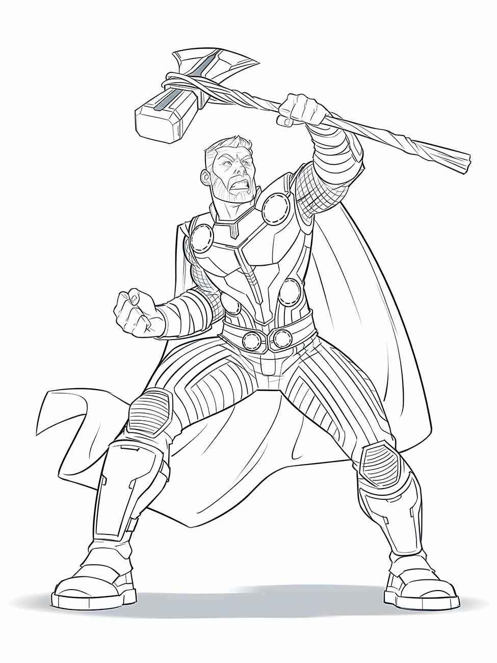 Desenho para colorir do Thor em uma pose dinâmica de combate, segurando seu martelo alto.