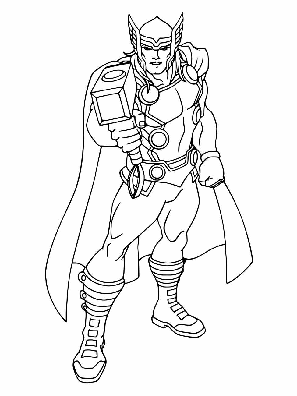 Desenho para colorir do Thor clássico em pé, segurando o martelo Mjolnir.