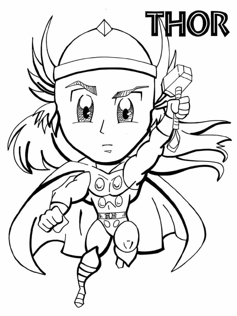 Desenho para colorir de uma versão chibi do Thor voando, com expressão determinada.