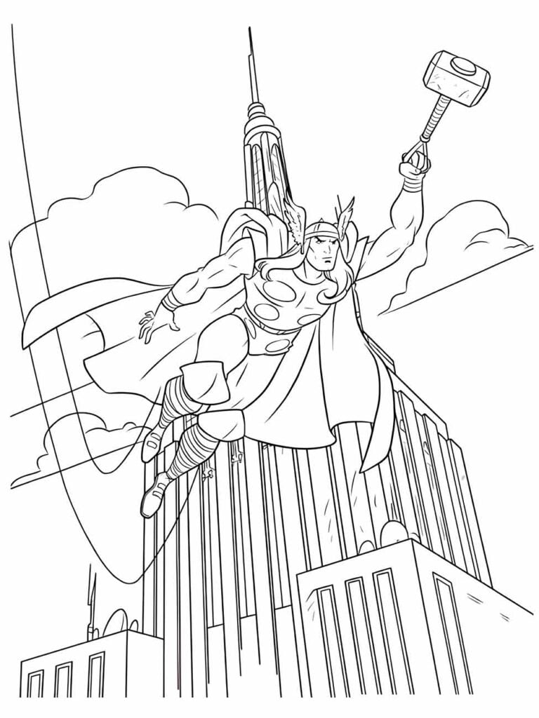 Desenho para colorir do Thor voando sobre uma cidade com seu martelo.