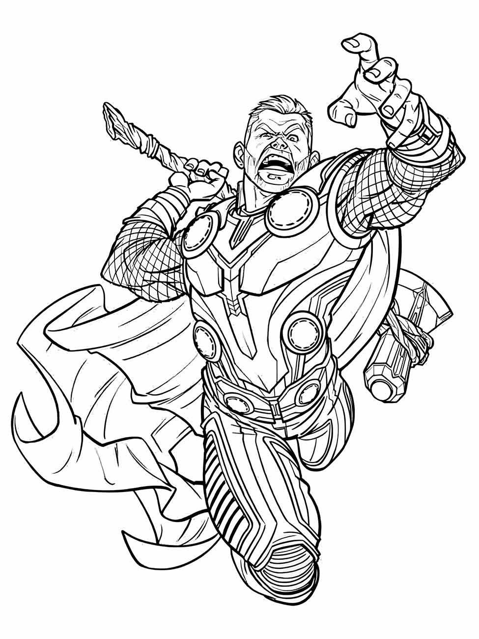 Desenho para colorir do Thor avançando em batalha, com uma expressão feroz.