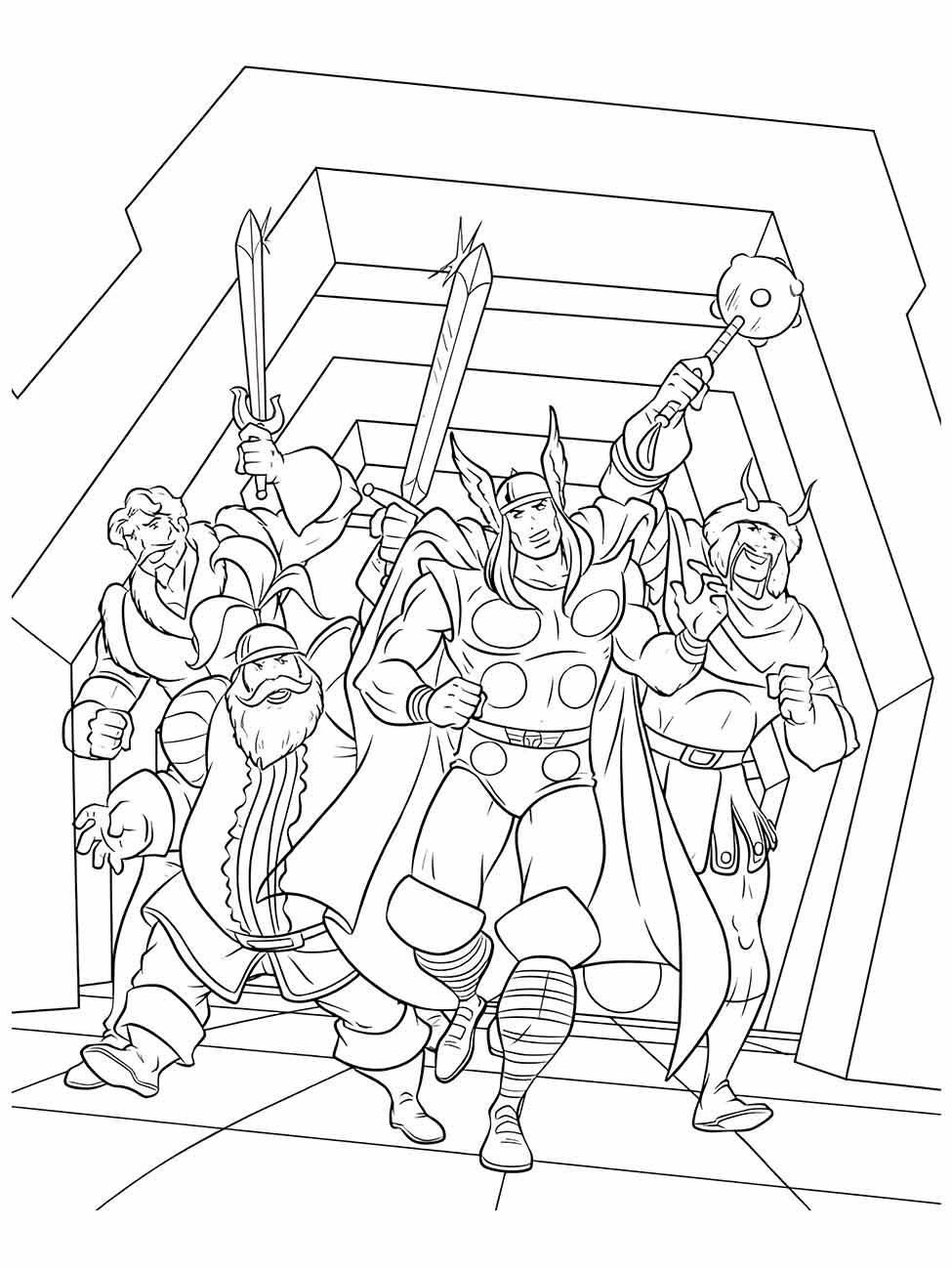 Desenho para colorir de Thor liderando um grupo de guerreiros armados, prontos para a batalha, dentro de uma estrutura de pedra.