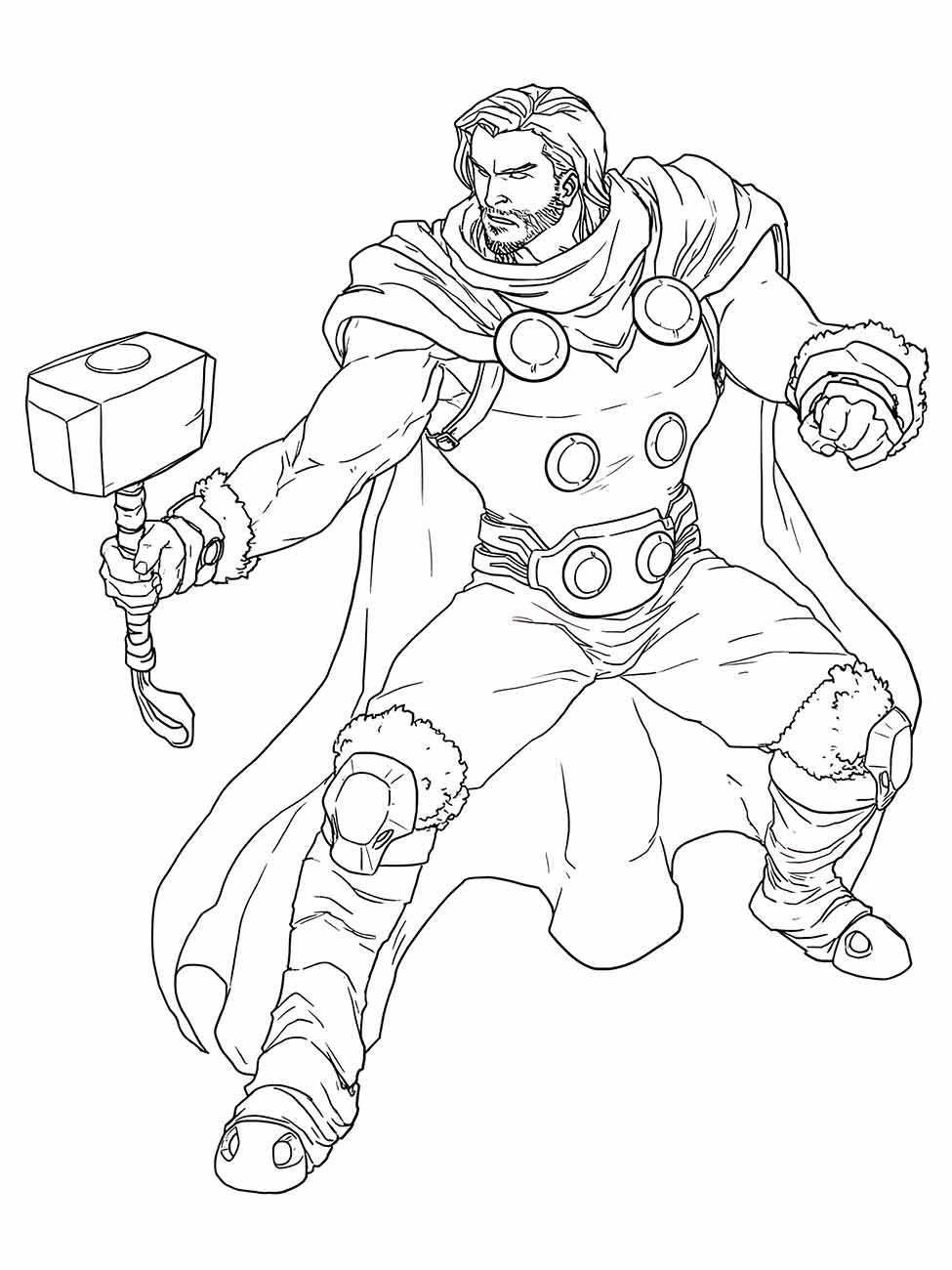 Desenho para colorir de Thor, com um visual imponente e detalhado, segurando firmemente seu martelo.