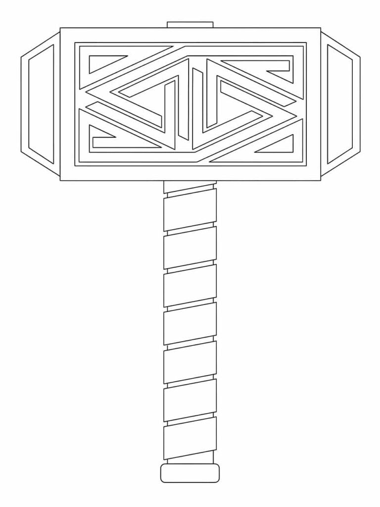 Desenho para colorir do Mjolnir, o martelo de Thor, detalhado em estilo geométrico.