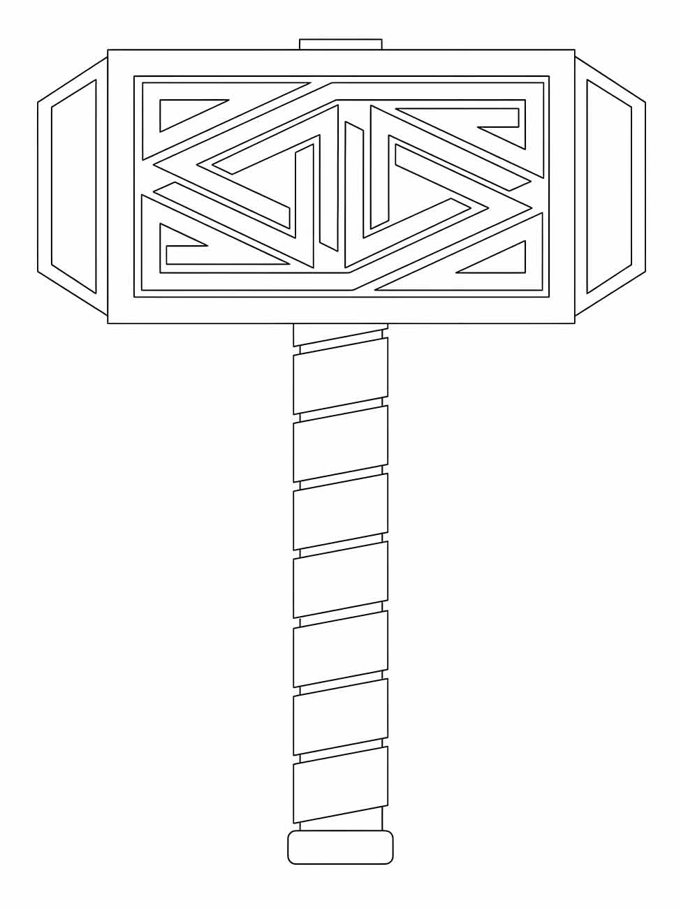 Desenho para colorir do Mjolnir, o martelo de Thor, detalhado em estilo geométrico.