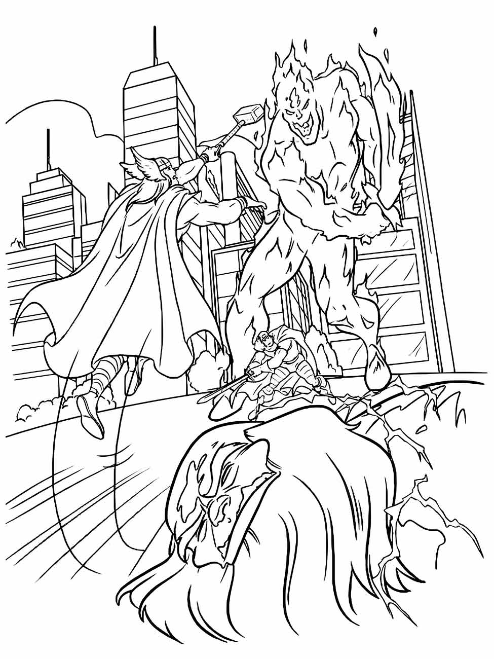 Desenho para colorir de Thor em batalha contra um gigante de fogo na cidade, utilizando seu martelo.