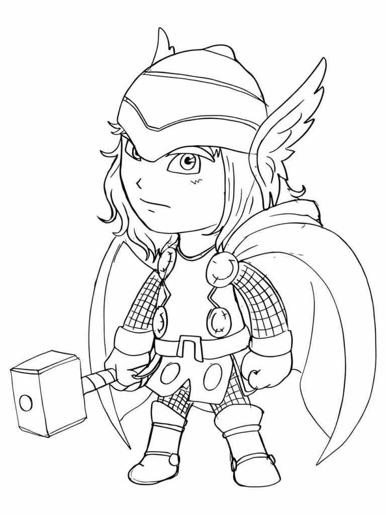 Desenho para colorir de uma versão chibi de Thor, segurando seu martelo, com uma expressão determinada.