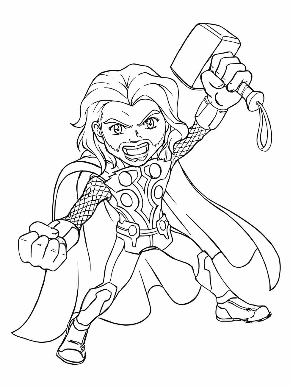 Desenho para colorir de Thor voando, com expressão feroz e segurando seu martelo em posição de ataque.