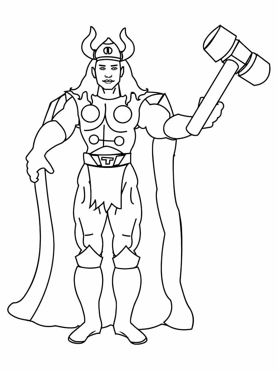 Desenho para colorir do Thor de pé, segurando o Mjölnir, com traje completo e capacete alado.