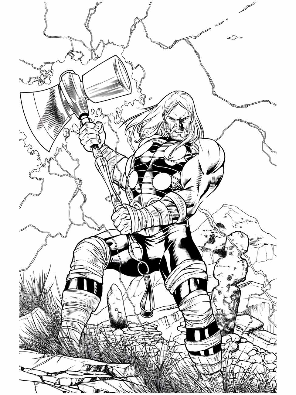 Desenho para colorir do Thor segurando seu martelo com raios ao fundo.